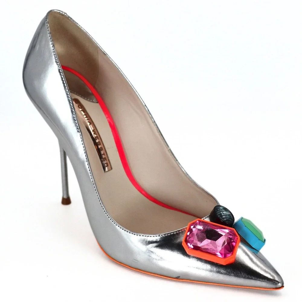 Sophia Webster Pumps Womens 40 Silver Metallic Crystal Stiletto Party Heel Retro